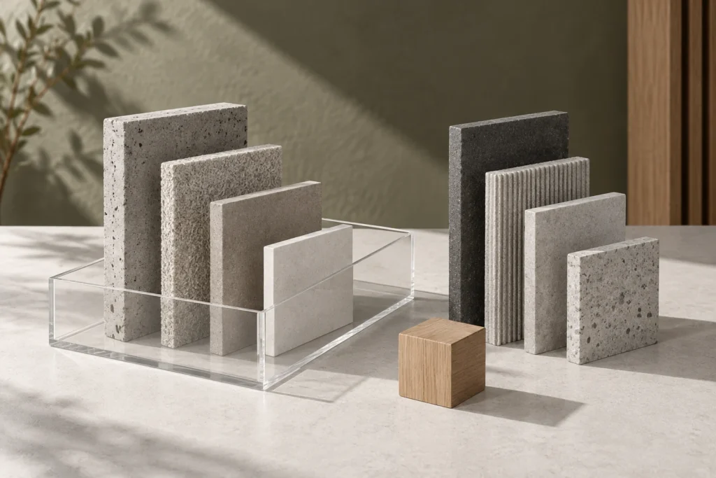 Konceptuell illustration av materialprover, en genomskinlig ram och en liten träkub.